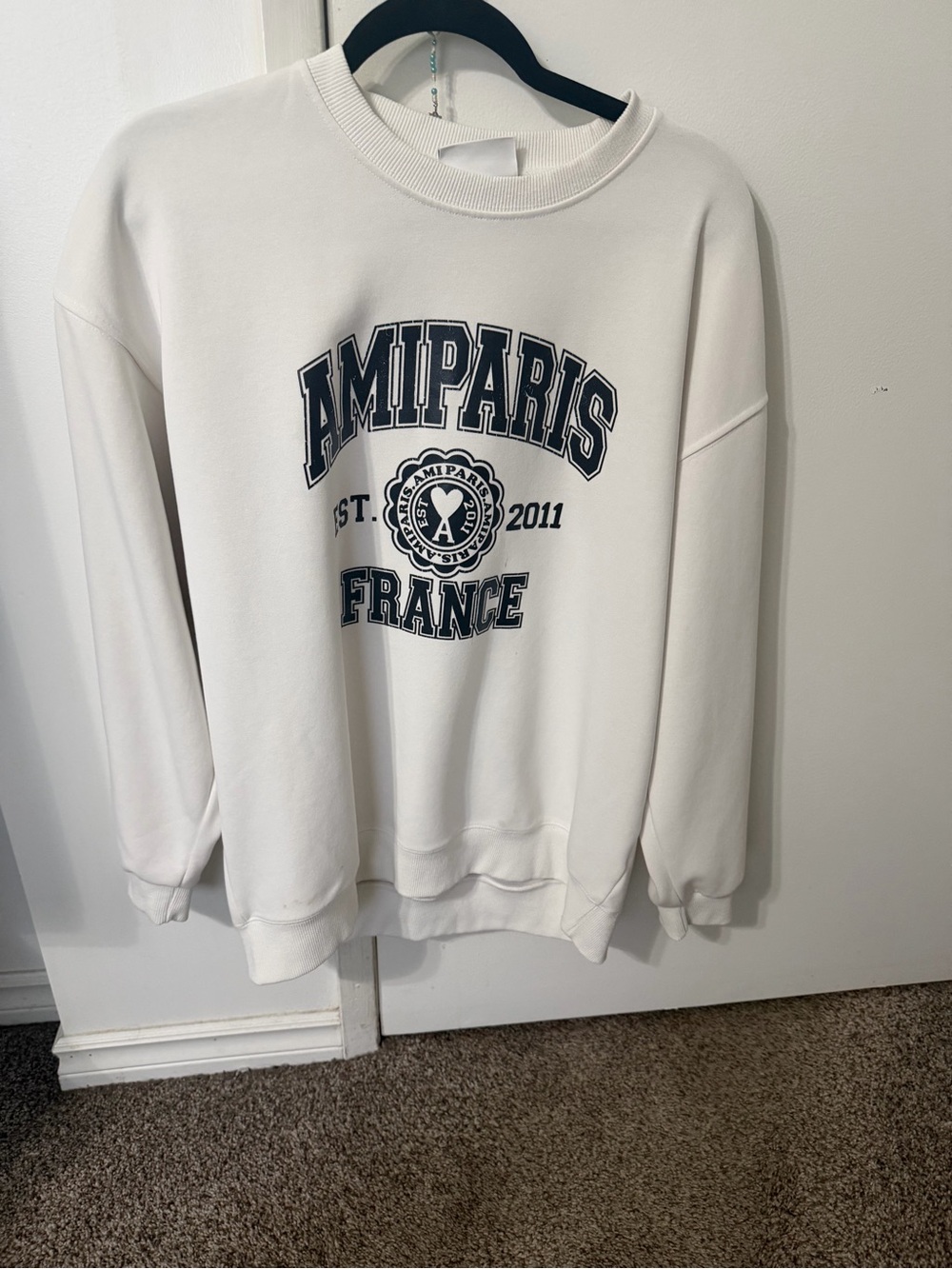 Ami White Crewneck Sweatshirt with Navy AMIPARIS France Print
